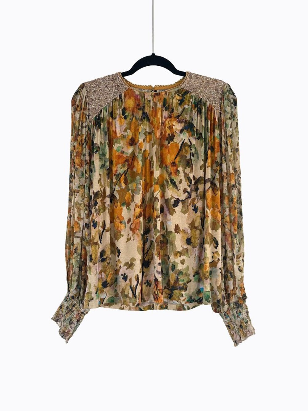 Blank London Anthropologie Blouse S Gold Sequin Floral Sheer Balloon Sleeve Boho